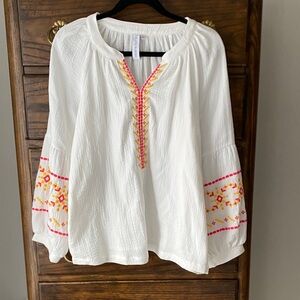 Grace+Karma Embroidered White Blouse with Pink and Yellow Accents